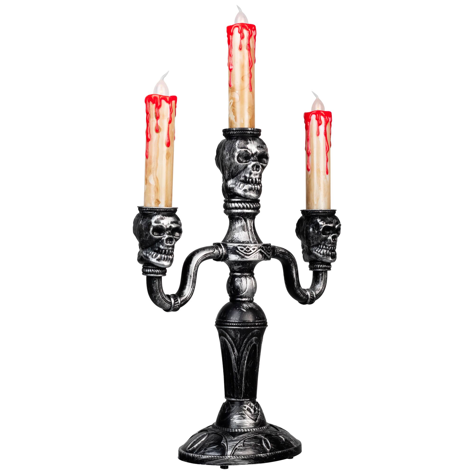 14" Antique Silver Skull Trio Halloween Candelabra Décor